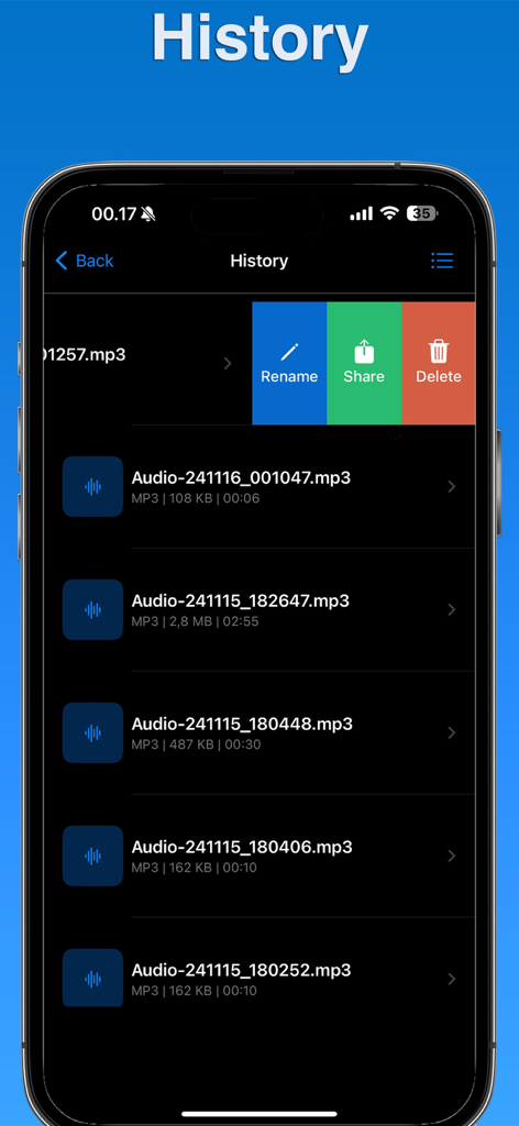 Music Speed Changer・Audio - History screen of the Music Speed Changer app showing a list of saved audio files with rename and share options.