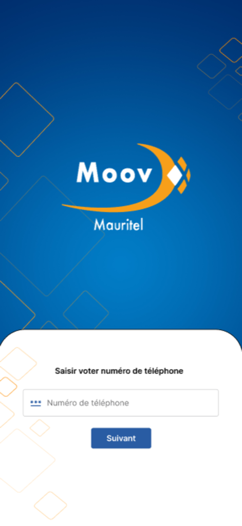 MyMoovMauritel - Login screen of the MyMoovMauritel app showing the phone number input field and Moov Mauritel logo.