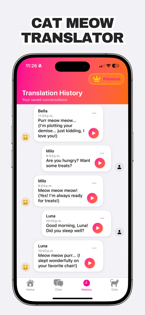 Translation history screen of the Cat Translator app showing saved conversations with multiple cats.