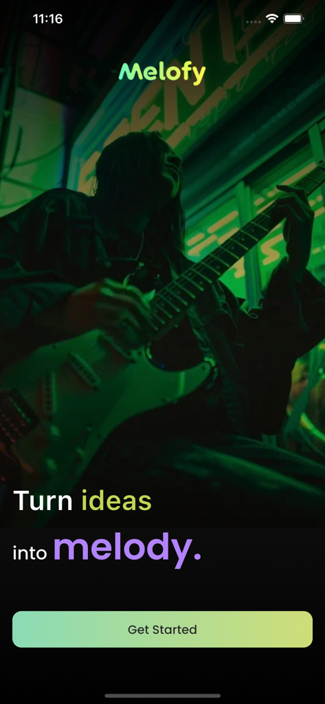 Melofy - AI Music Maker - Melofy AI Music Maker app welcome screen with a guitarist and the slogan Turn ideas into melody