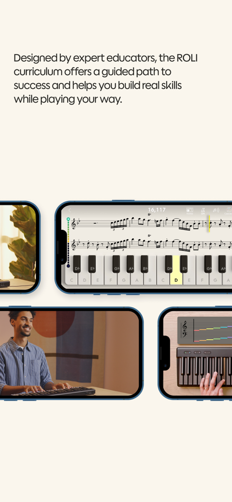 Interfaz de la aplicación ROLI Learn mostrando lecciones interactivas de piano y currículo musical