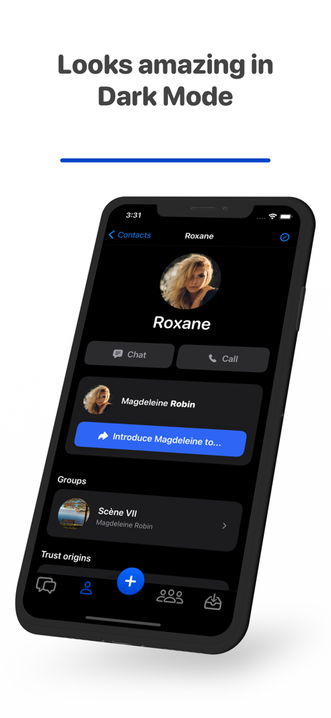 Olvid private messenger app interface showing a contact profile and groups in dark mode