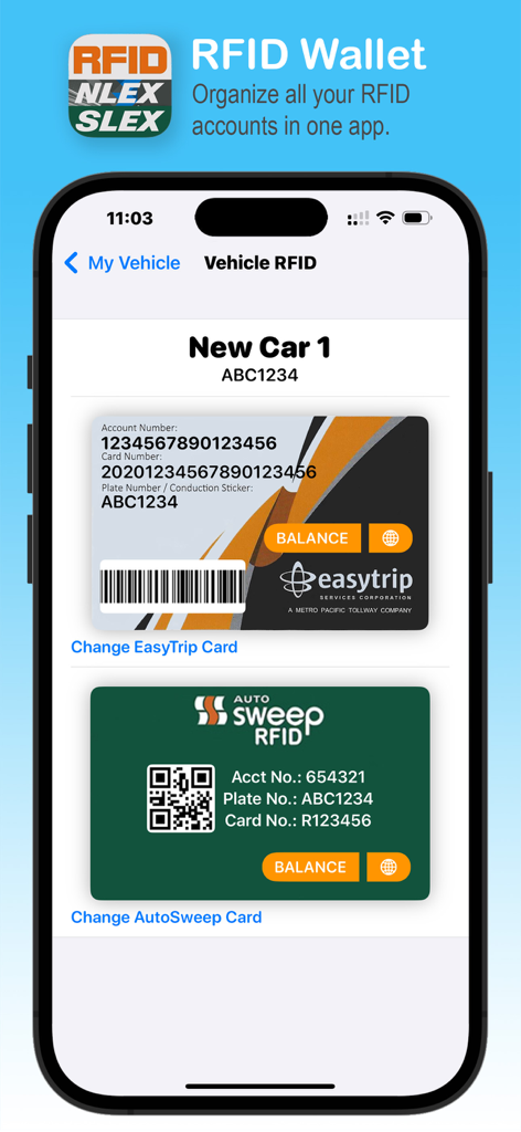 RFID Wallet EasyTrip AutoSweep - RFID Wallet mobile app interface showing digital EasyTrip and AutoSweep cards for vehicle management