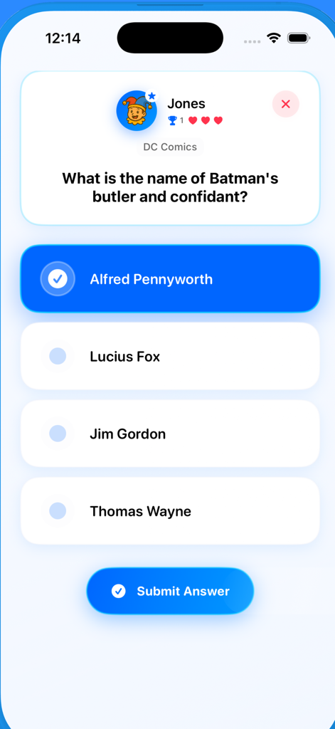 Trivia King: The Quiz of Kings - Interface of Trivia King app showing a multiple choice question about Batman and DC Comics.