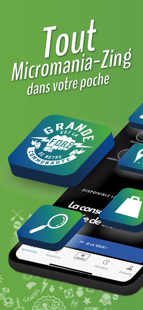 Micromania - Smartphone displaying the Micromania gaming app interface with floating feature icons for shopping and community