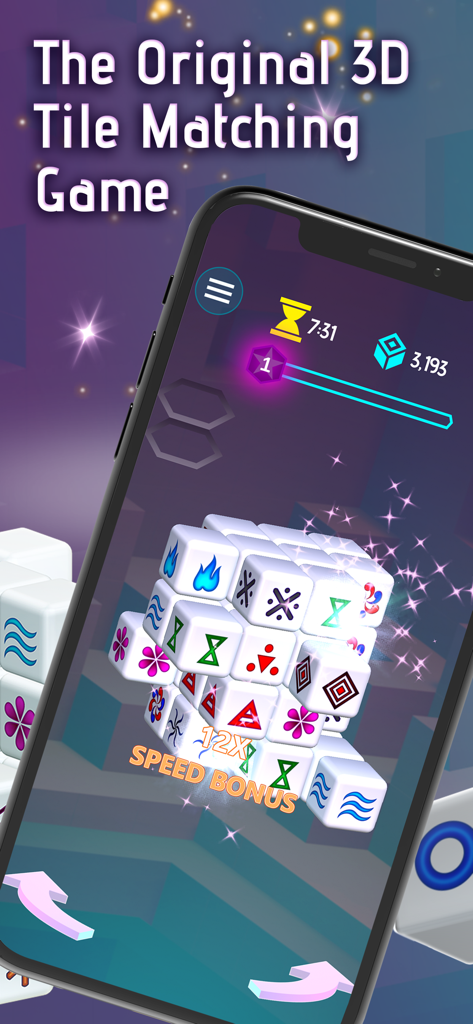 A 3D mahjong tile matching game shown on a smartphone screen with a speed bonus notification.