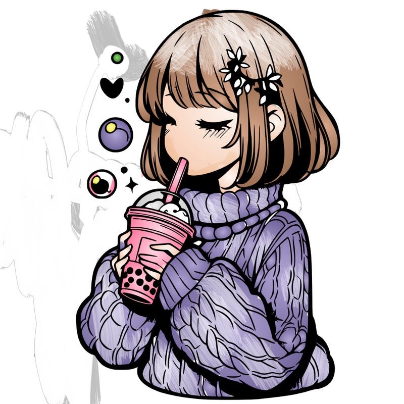 manga girl drinking boba in cozy sweater