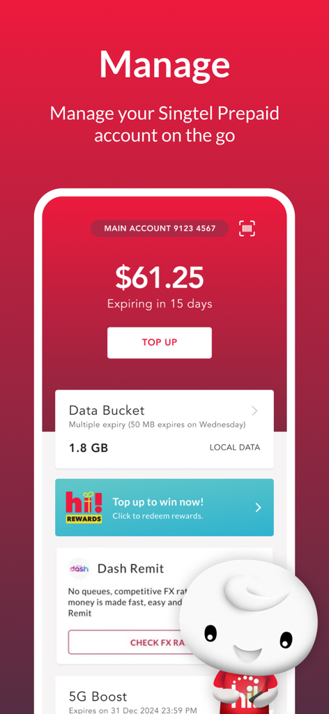 Singtel Prepaid hi!App - Singtel Prepaid hi!App dashboard showing account balance and data usage