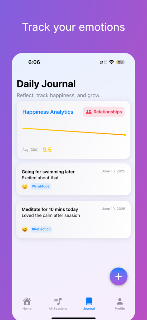 Innerbloom: Calm, Sleep, Focus - Interface do aplicativo móvel Innerbloom mostrando a tela de diário diário com análises de felicidade e entradas de acompanhamento de humor