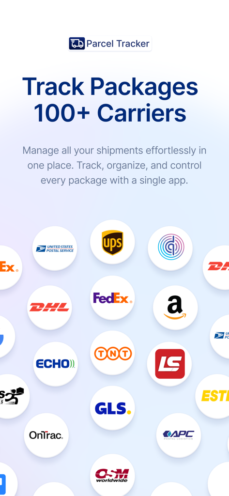 Parcel Tracker: Simple & Fast - Pantalla de la app Seguimiento de Paquetes destacando el soporte para más de 100 transportistas de envío, incluyendo FedEx y UPS