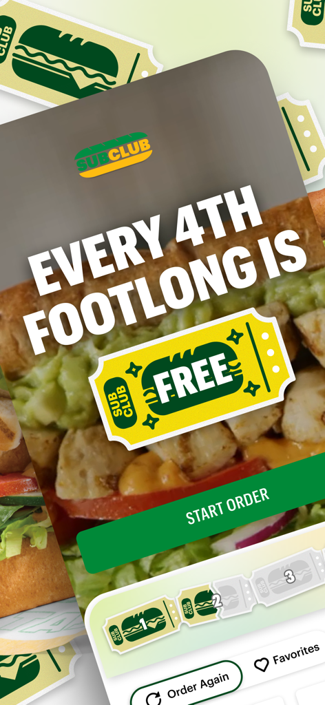 Subway app screen promoting Sub Club rewards where every fourth footlong is free.