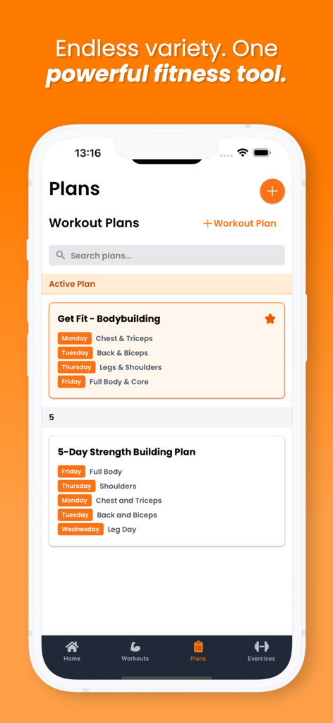 Flexiplan app interface showing a list of personalized AI workout plans including bodybuilding and strength training schedules