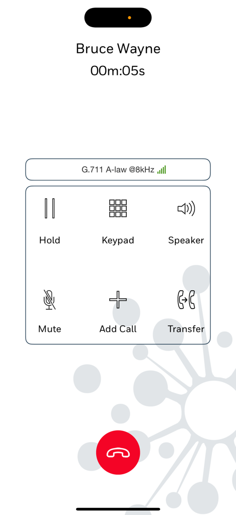 Skylar - Skylar 앱의 활성 통화 화면. 연락처 이름, 통화 시간 및 보류, 전환과 같은 관리 버튼이 표시됩니다.
