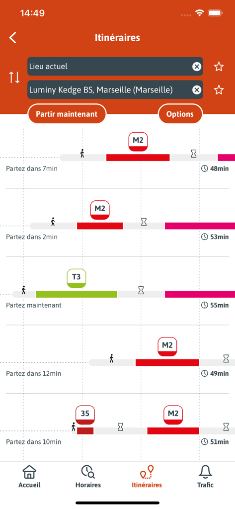 RTM - Planificateur d'itinéraires RTM montrant plusieurs options de transport avec les temps de trajet pour Marseille.