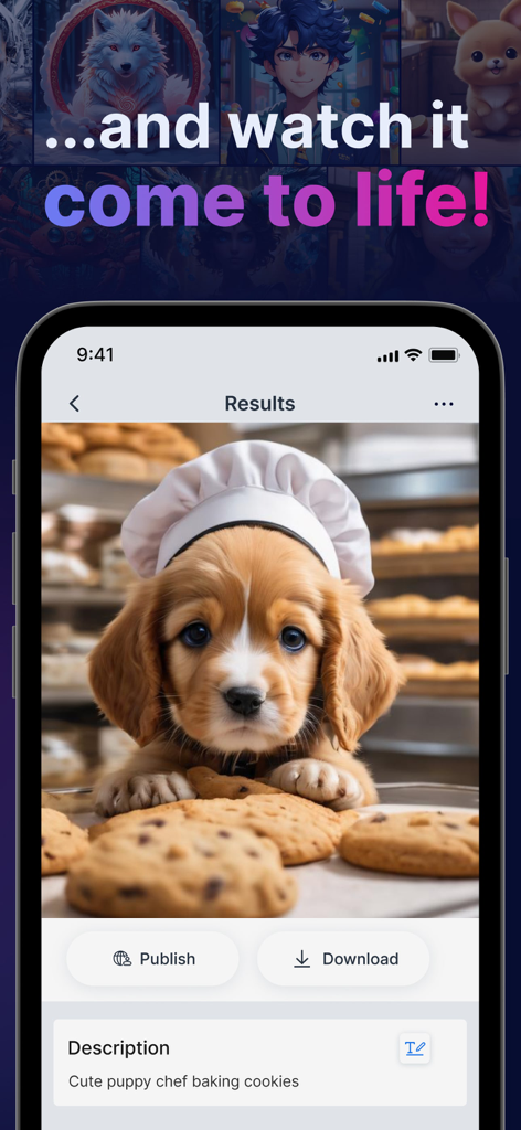 Gencraft mobile app interface displaying an AI generated puppy chef