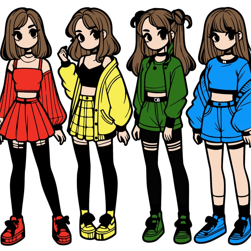 one girl with crop-top shirt and a jacket with a skirt, long socks and another girl with a shirt and pants with a jacket