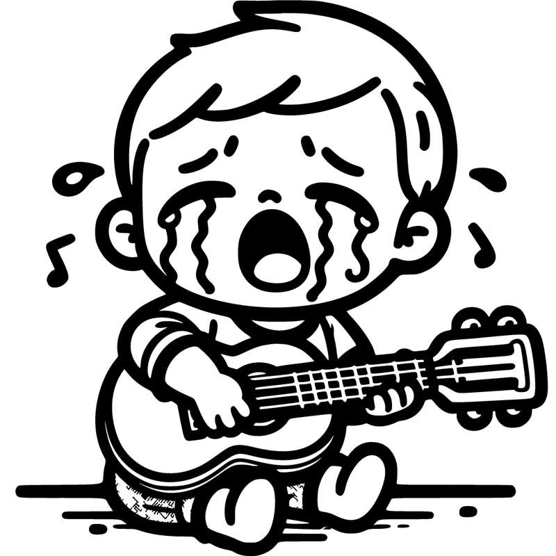 baby cry boy playing guitar