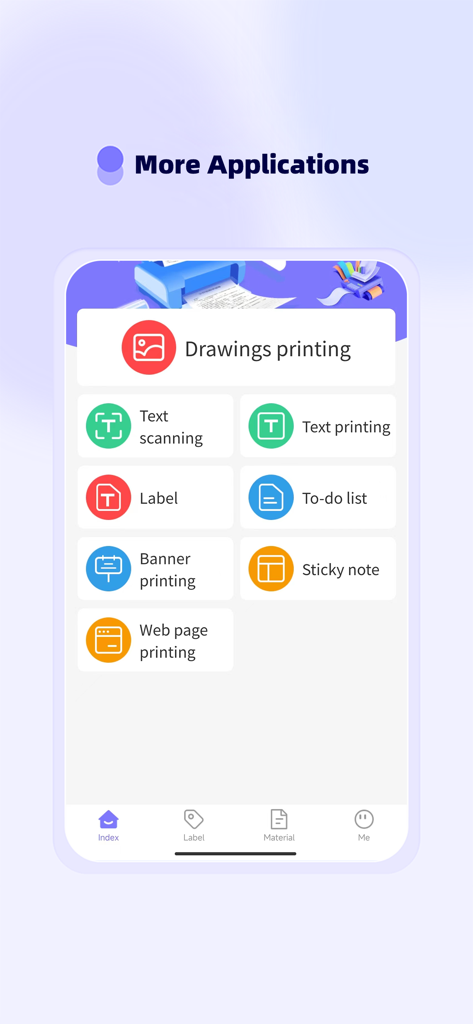 Funny Print - Funny Print mobile app dashboard with icons for text scanning label making and printing to-do lists