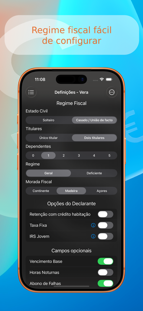 Mobile app screen showing Portuguese tax regime settings including marital status, dependents, and fiscal regions like Madeira and Azores