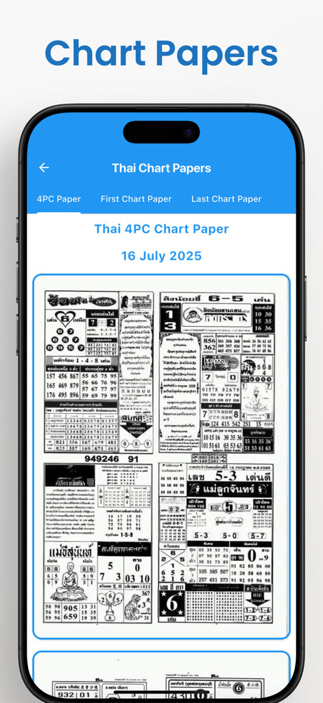 Thai Lotto Results - Tela de smartphone mostrando papéis de gráfico de previsão de loteria tailandesa escaneados