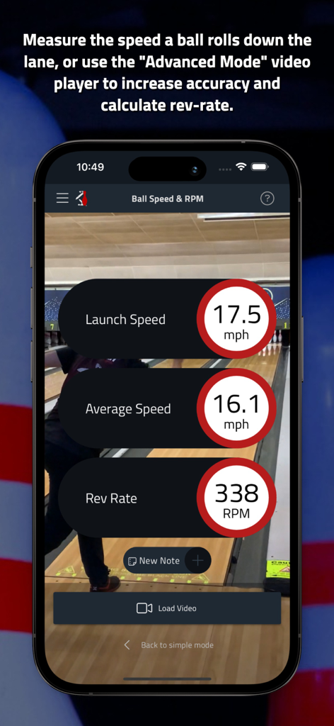 Oberfläche der Tenpin Toolkit App, die Messungen der durchschnittlichen Abschlaggeschwindigkeit und der Umdrehungsrate des Bowlingballs zeigt