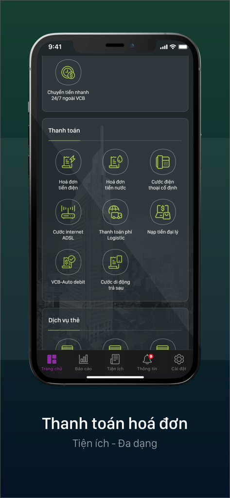 VCB DigiBiz - Interface do aplicativo móvel VCB DigiBiz mostrando vários serviços de pagamento de contas empresariais em modo escuro