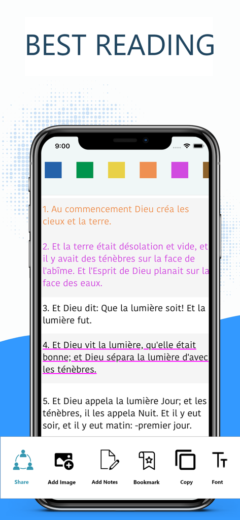 La Bible Palore Vivante - La Bible Parole Vivanteアプリの読書インターフェース。ハイライトと学習ツールを備えたフランス語の聖句が表示されています。