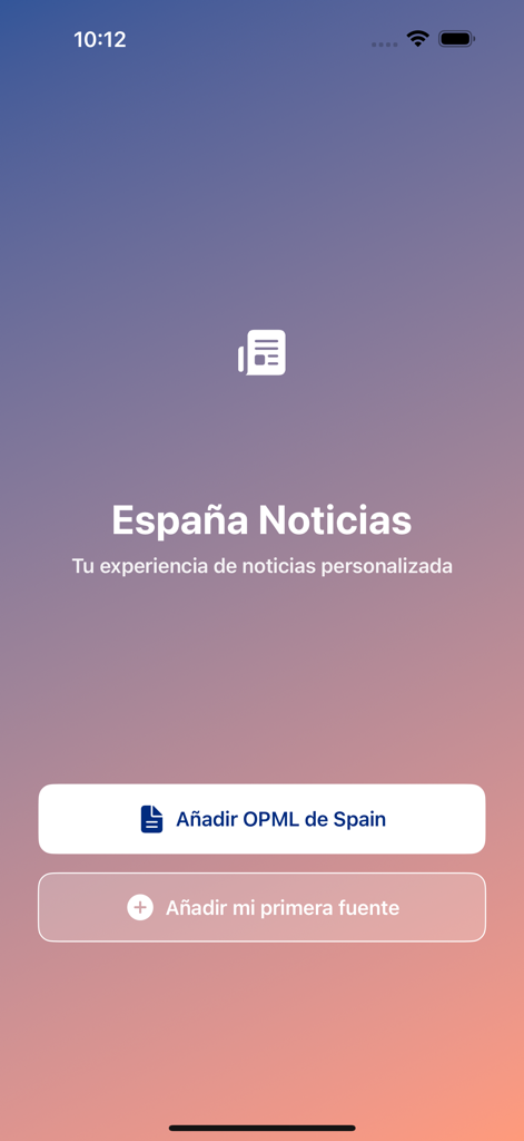 Écran d'accueil de l'application Spain News avec des options permettant d'ajouter des sources d'actualités ou d'importer des fichiers OPML.