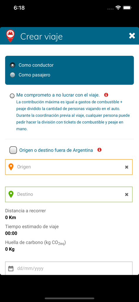 Carpoolear - Mobile interface for creating a ride share trip showing driver passenger options and travel details