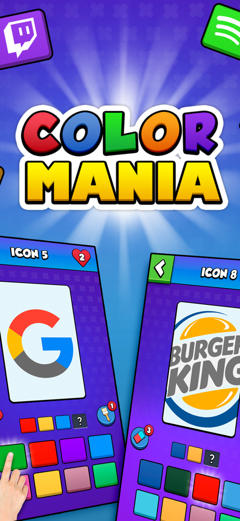 Colormania - Guess the Colors - Gameplay of Colormania showing color selection for famous brand logos like Google and Burger King