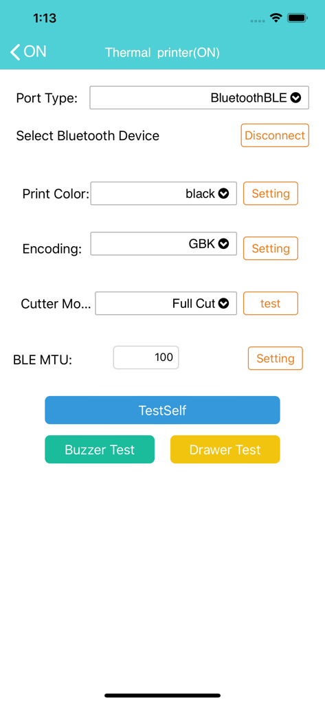RTPrinter System app interface showing thermal printer settings and Bluetooth connection options