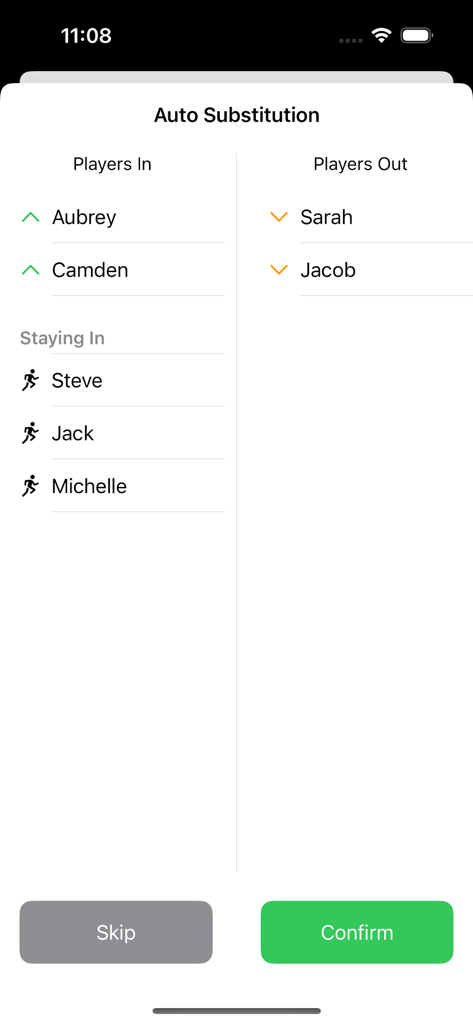 GameTime Manager - Interface showing the auto substitution feature with lists of players entering and leaving the game