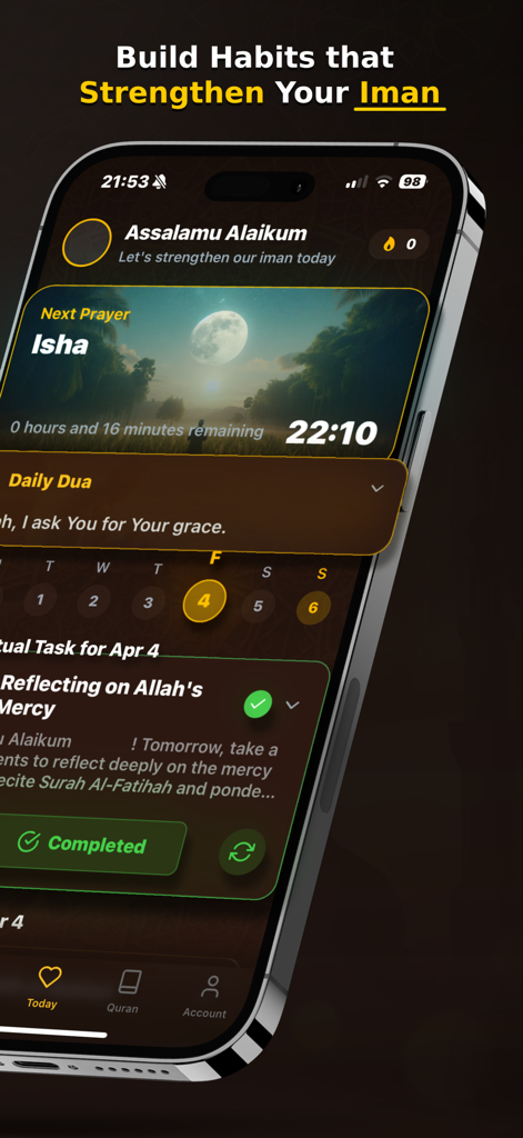 Aplicación móvil Islam Chat - Deeny mostrando horarios de oración diarios y seguimiento de hábitos espirituales