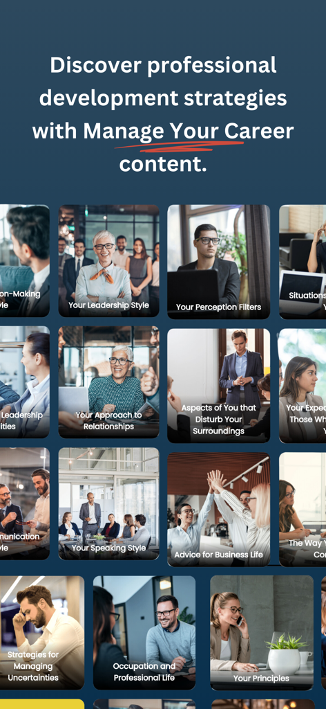 Enneagram Premium - Enneagram Premium app interface showcasing professional development strategies and career management categories for different personality types