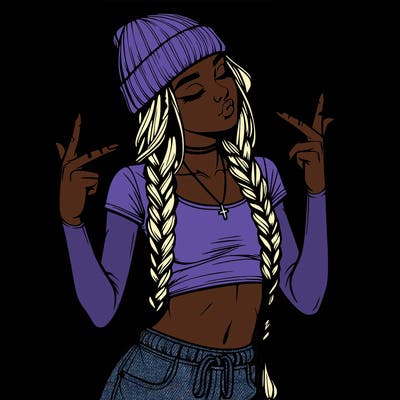 realistic teenage girl with braids and a beanie and crop top doing 🫶🏼