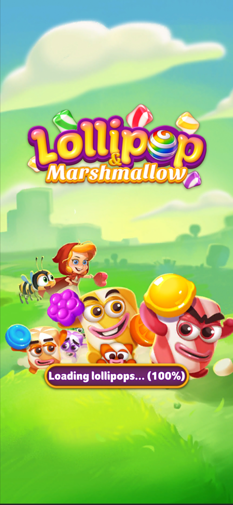 Lollipop2 & Marshmallow Match3 - Lollipop and Marshmallow Match 3 loading screen with Jenny and candy characters in a candy wonderland
