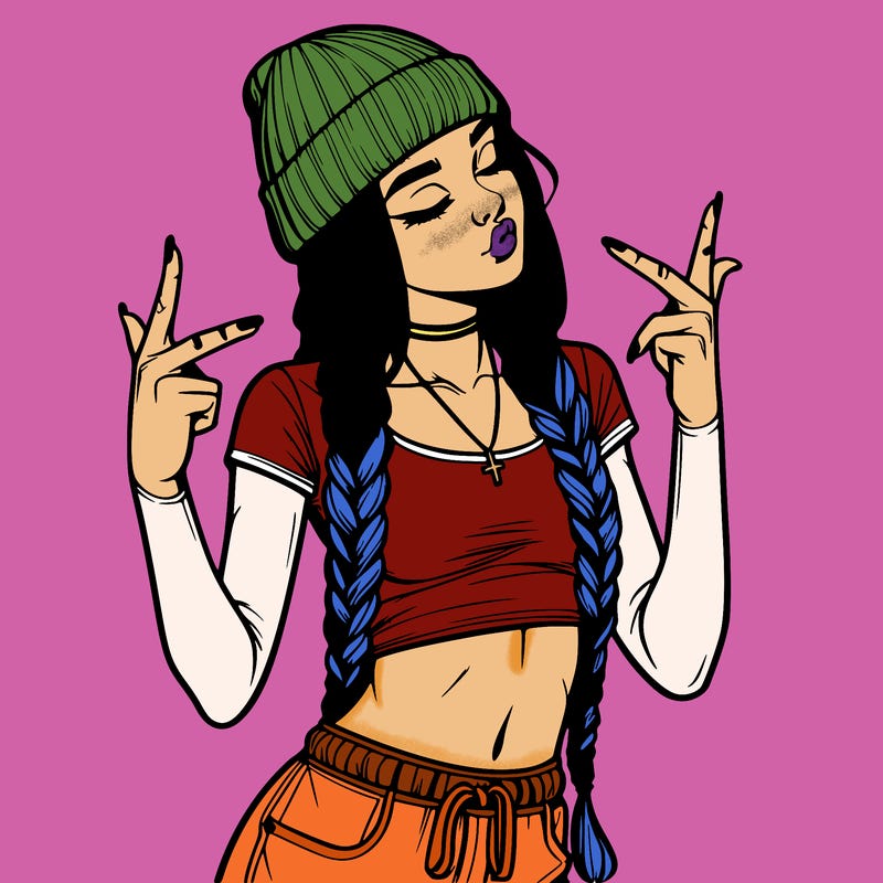 realistic teenage girl with braids and a beanie and crop top doing 🫶🏼