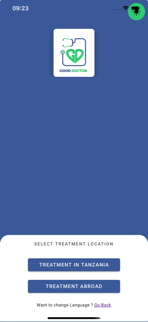 Good Doctor Patient's App - Screen to select treatment location in Tanzania or abroad within the Good Doctor Patient's App