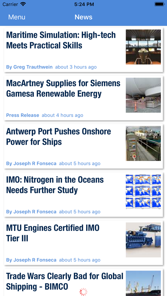 Maritime Global News - News feed display in the Maritime Global News app featuring industry articles