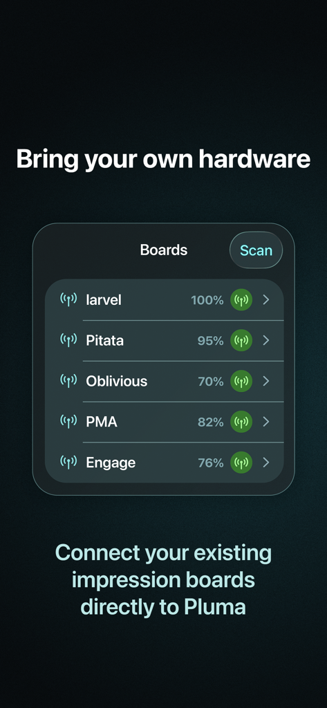 Pluma - Pluma app interface for connecting professional magic impression boards