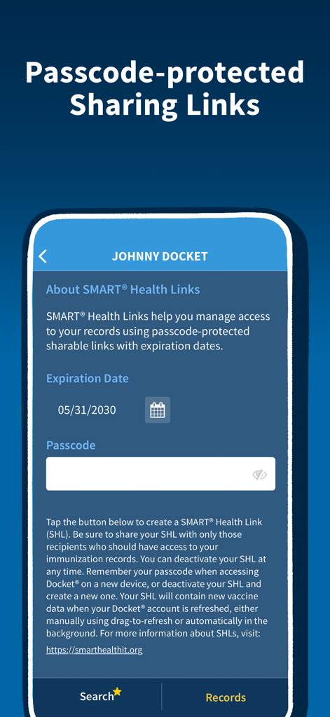 Docket app screen showing the setup for passcode protected sharing links for immunization records