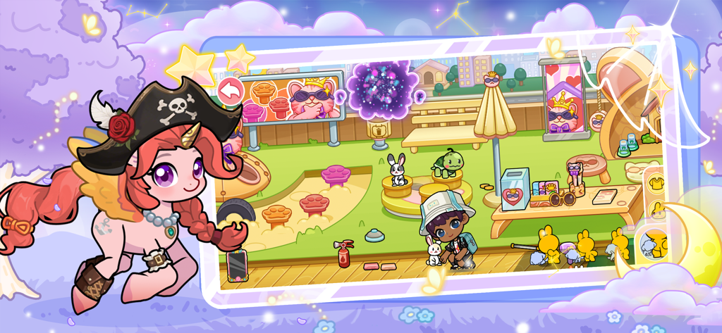 My little unicorn：Pets academy - A cute pink unicorn dressed as a pirate in a vibrant outdoor playground with characters and pets