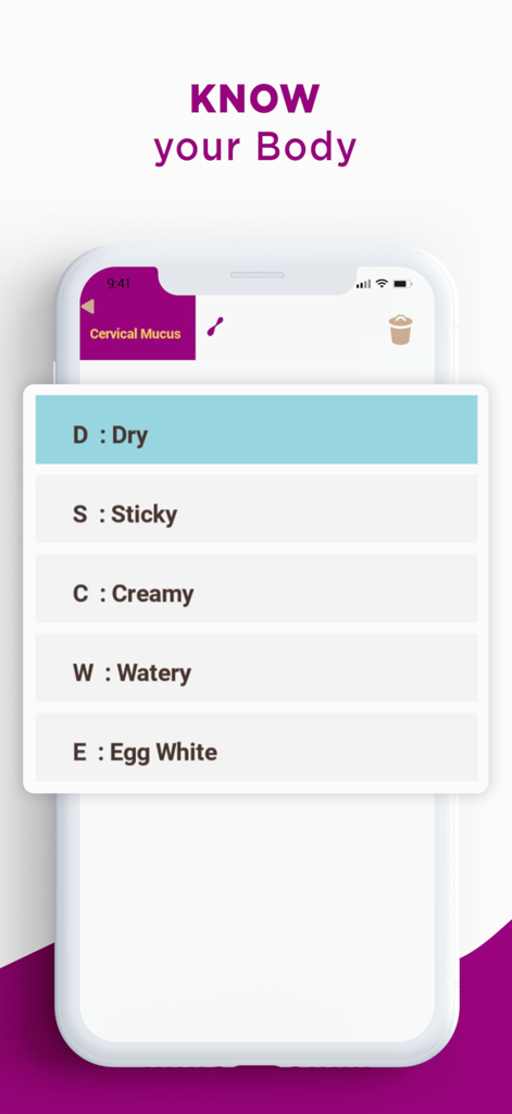 MyDays X - MyDays X app interface showing options to track cervical mucus consistency such as dry sticky and creamy