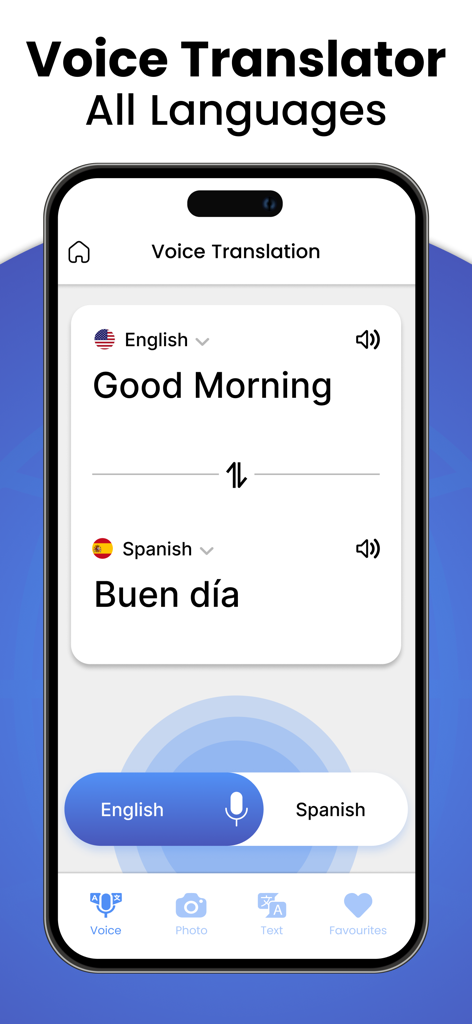 Translate Voice Translator App - Oberfläche der Sprachübersetzer-App, die die Übersetzung von Guten Morgen von Englisch nach Spanisch auf einem iPhone-Bildschirm zeigt