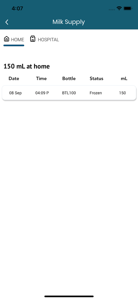 Angel Eye Mobile - Angel Eye Mobile app milk supply tracking screen showing logged entries of frozen breast milk with volume and time details