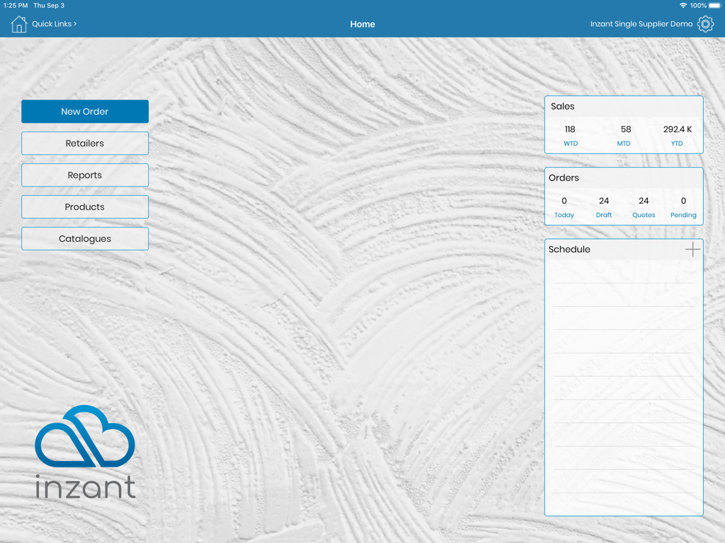 Inzant Sales CRM app dashboard on iPad featuring sales metrics, order tracking, and field schedule for sales representatives.
