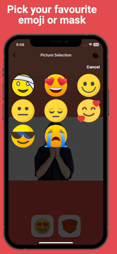 Tela de aplicativo de smartphone mostrando uma grade de diferentes emojis para escolher e colocar sobre uma foto.