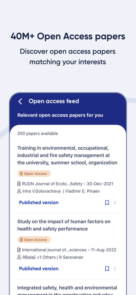 R Discovery: Academic Research - Smartphone screen displaying the R Discovery app open access feed with various academic research papers.