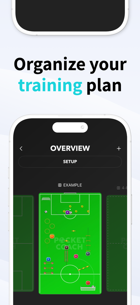 Pocket Coach Board Soccer - Pocket Coach Board Soccer app interface showing a training drill setup on a digital pitch