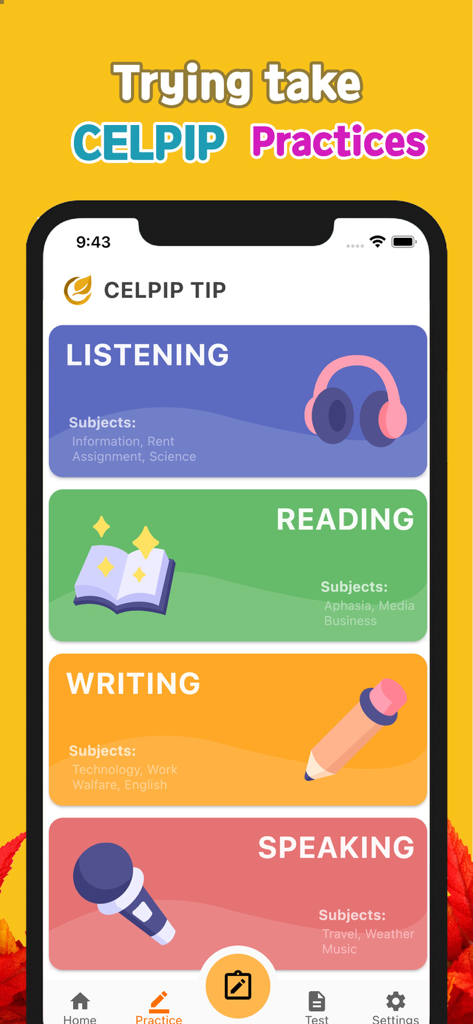 CELPIP-TIP 앱 인터페이스, 듣기, 읽기, 작문, 말하기 연습 모듈 표시